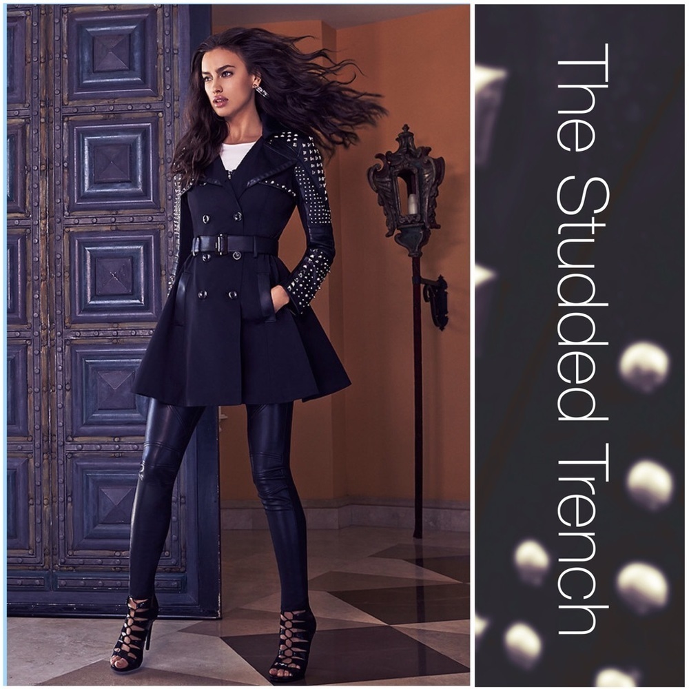 Bebe Black Studded Leather Skirted Power Trench Coat w/ Buckle Waist